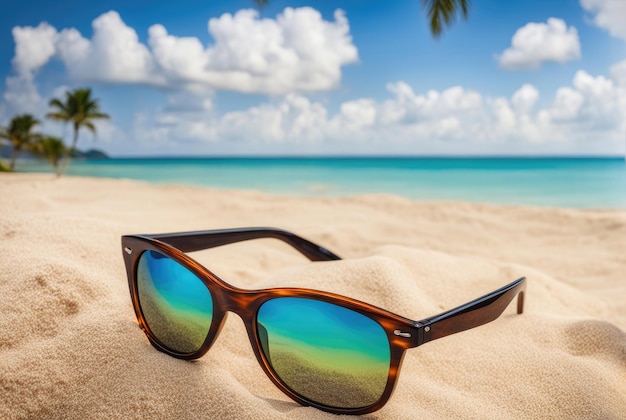 Sunglasses on Tropical Beach with Palm Trees