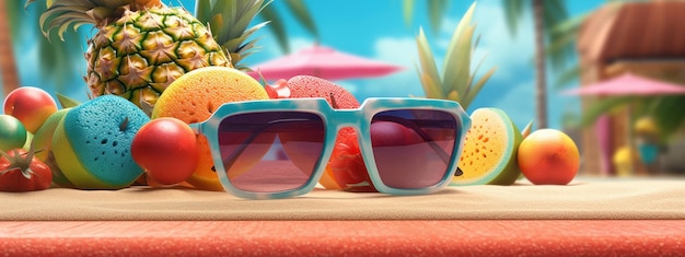 Sunglasses with Freshy Fruits Background Summer Festive Time Concept Generative Ai