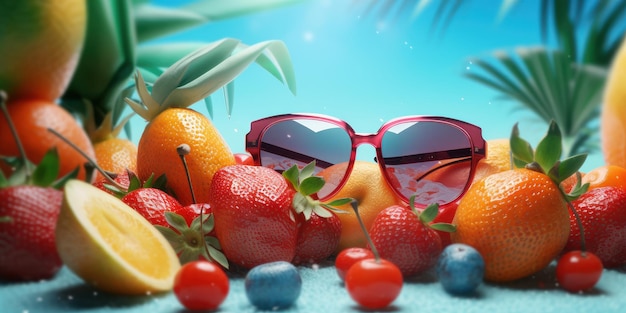 Sunglasses with Freshy Fruits Background Summer Festive Time Concept Generative Ai