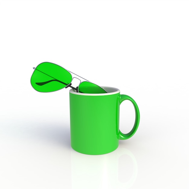 Sunglasses with green coffee cup on white