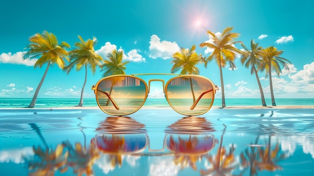 Photo sunglasses with palm trees reflected in the water