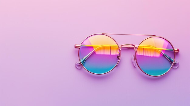 Sunglasses with rainbowtinted lenses on a vibrant pink backdrop