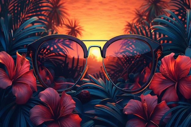 Photo sunglasses with a sunset in the background
