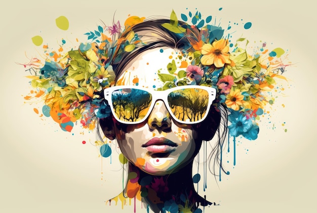 A sunglasses woman with floral headdress spring color season illustration