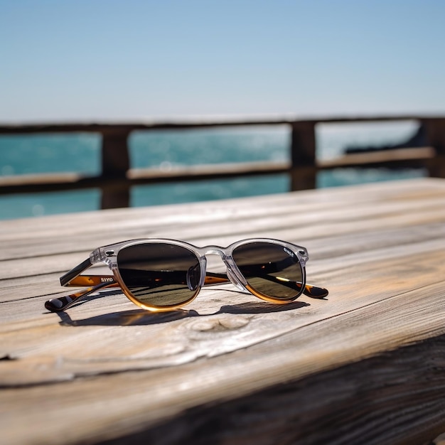 Sunglasses on Wooden Table by Sea Generative AI