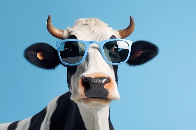 Photo sunglassesclad cow against blue backdrop surreal animal portrait generative ai