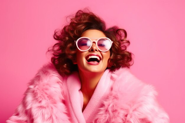 Sunglassesclad woman laughs heartily in her cozy abode Generative AI