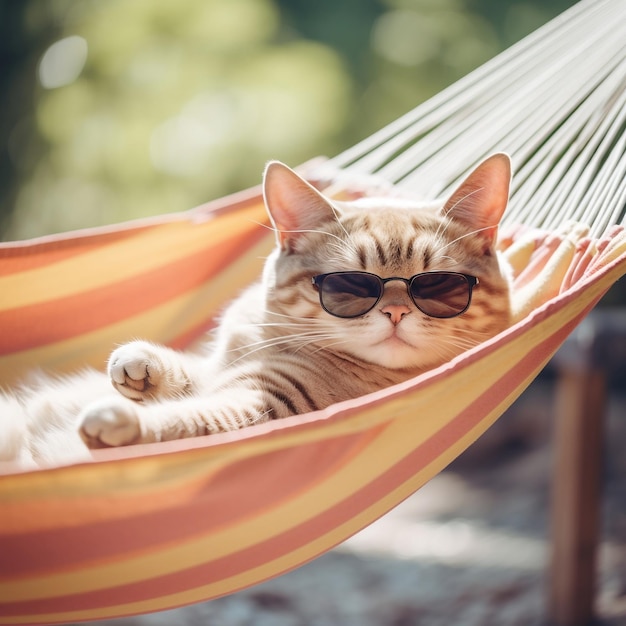 Photo sunglasseswearing cat sunbathing and napping on a hammock bed generative ai