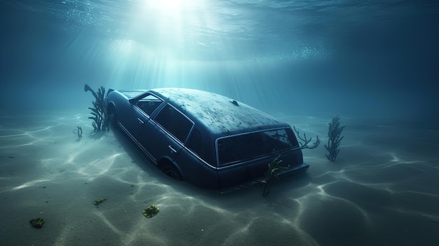 A sunken car at the bottom of the ocean