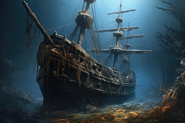 Sunken pirate ship in the deep blue sea 3d rendering Sunken tall ship AI Generated