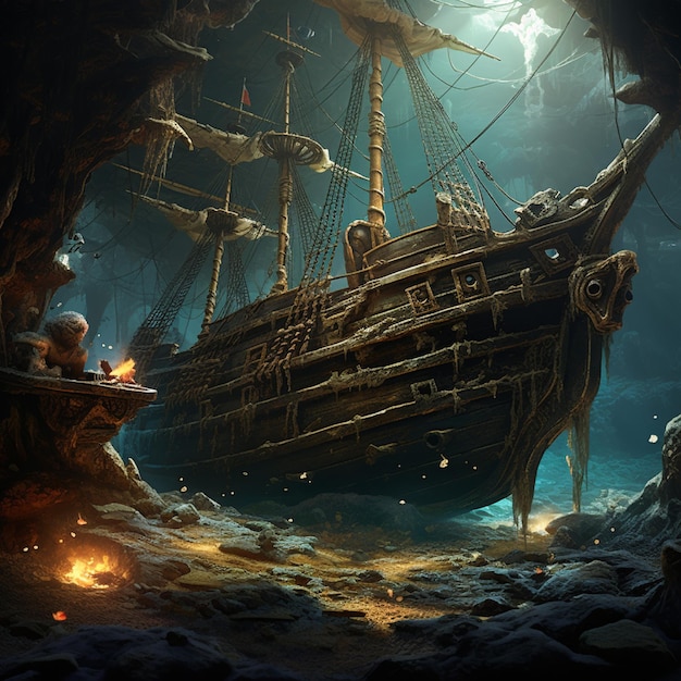 A sunken pirate ship filled with treasure