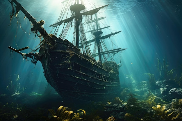 Sunken pirate ship in the sea Underwater world sunken tall ship AI Generated