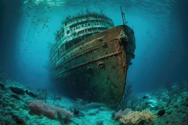 Sunken ship resting on the seafloor amidst a backdrop of blue water and marine life Generative AI