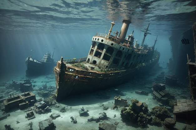 Sunken ships under water