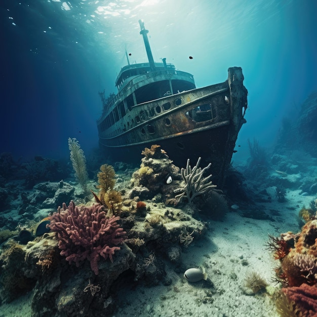 Sunken shipwreck on an ocean floor