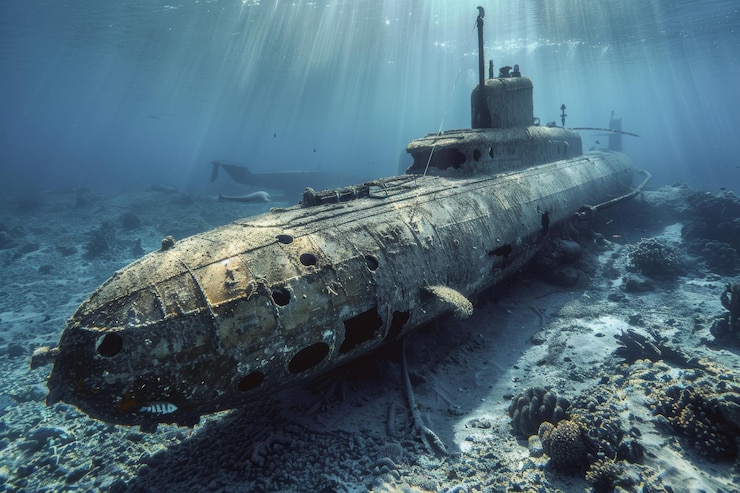 Photo sunken submarine rusty underwater old