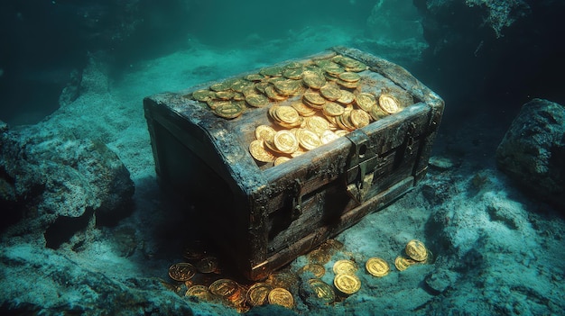 Sunken treasure chest with gold coins | Premium AI-generated