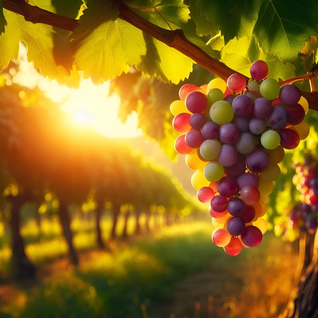 sunkissed grapes hanging in lush vineyards backlit by the warm rays of the setting sun