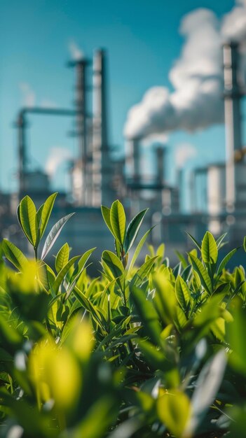 Photo sunkissed green leaves flourish in the foreground overshadowing the industrial stacks in the softfocus backdrop