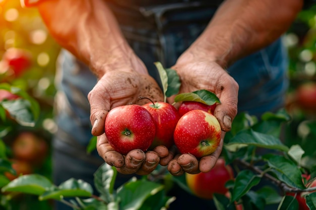 Sunkissed hands A farmers harvest of apples in a sunny garden