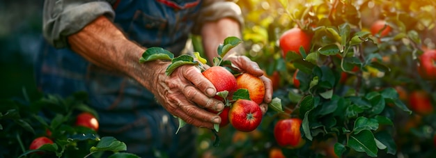 Sunkissed Harvest A Farmers Hands Picking Apples in a Sunny Orchard