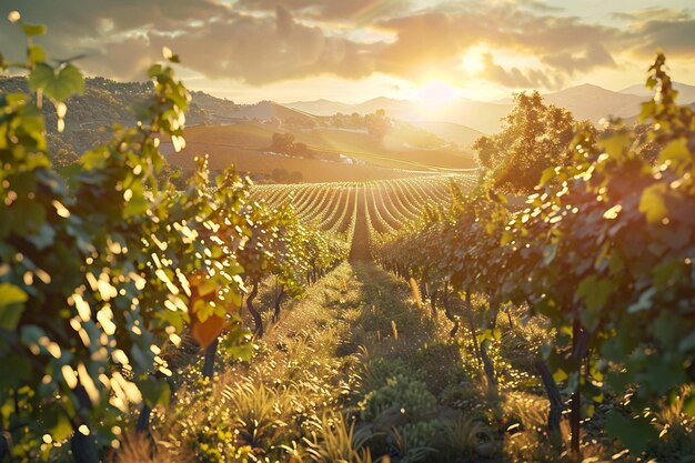 A sunkissed hillside vineyard ripe for harvest oct