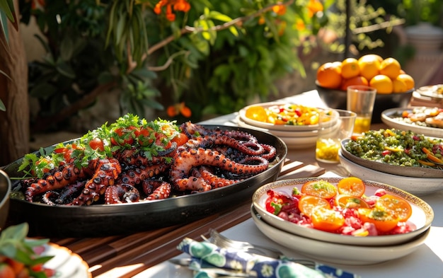 Sunkissed Mediterranean feast featuring grilled octopus garnished with parsley served with a colorful array of sides