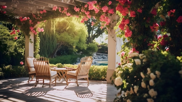 Sunkissed patio surrounded by blooming flowers offering a blissful retreat in nature