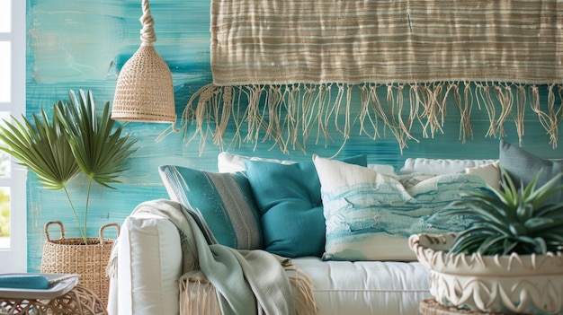 The sunkissed room is adorned with woven wall hangings featuring a spectrum of ocean blues and
