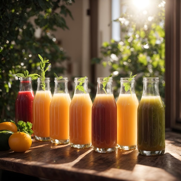 SunKissed Selection Row of Different Juices with Backlit Sun