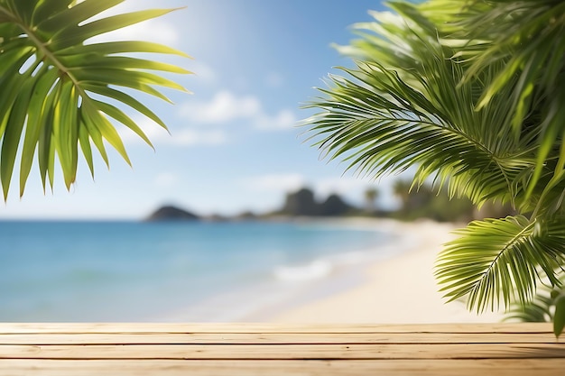 SunKissed Serenity A Defocused Beach Backdrop with Palm Leaf Accents for Product Showcase
