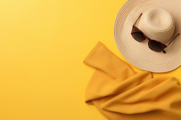 Sunkissed Style Beach Towel Straw Hat and Sunglasses on Vibrant Yellow Background Captivating F