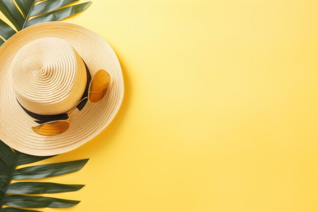 SunKissed Summer Vibes Straw Sun Hat and Yellow Sunglasses in a Tropical Flat Lay