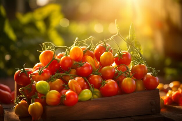Sunkissed Tomatoes in a Wooden Box in the Countryside