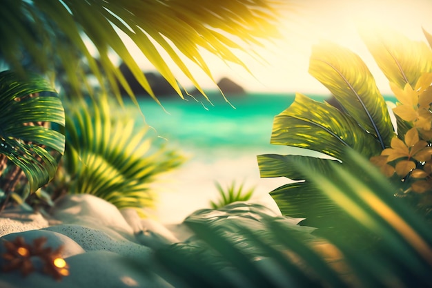 SunKissed Tropical Haven Lush palm leaves sway sunlit bokeh waves dance on pristine beach