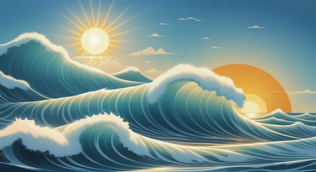 Photo sunkissed waves stylized sea waves under the radiant sun