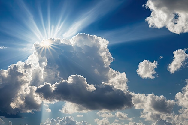 写真 青い空に太陽の光と柔らかく輝く雲