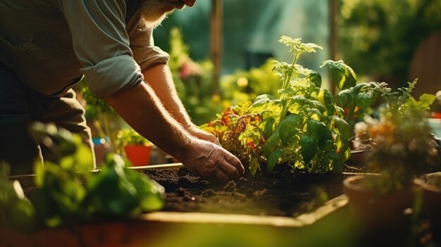 Фото Солнечный свет купает садовую сцену с человеком, ухаживающим за растениями