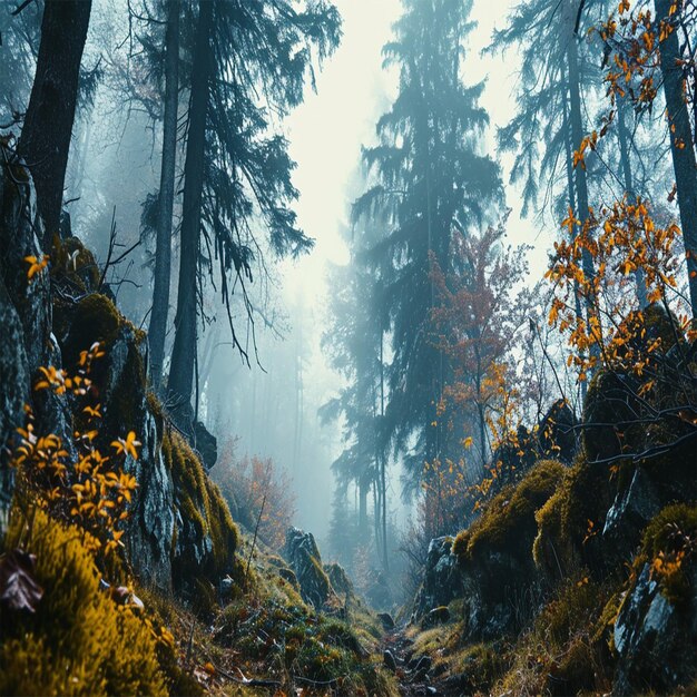 Sunlight bathes a forest trail with mountain peaks above