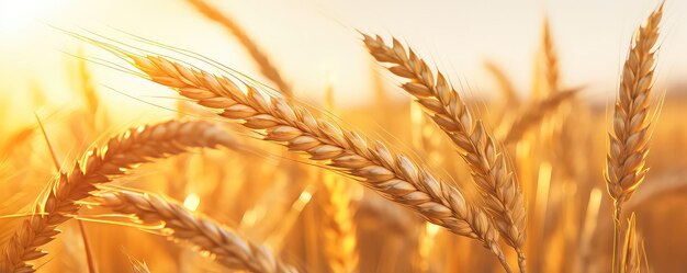 Sunlight bathes wheat ear against yellow field in closeup