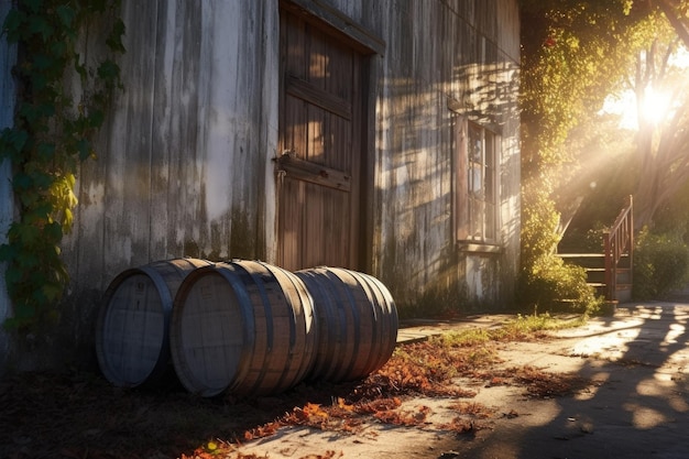 Sunlight casting shadows on aged barrel exterior created with generative ai