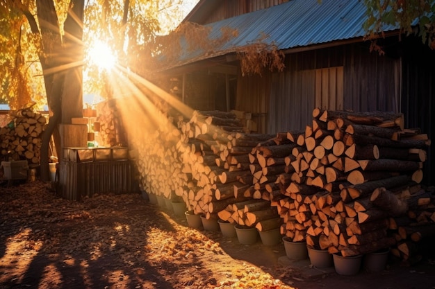 Sunlight casting shadows on firewood pile created with generative ai