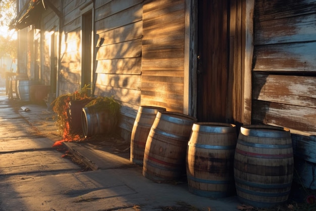 Sunlight casting shadows on weathered barrels created with generative ai