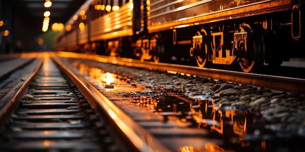 Sunlight casts a warm glow on a sleek train wheel poised on steel tracks
