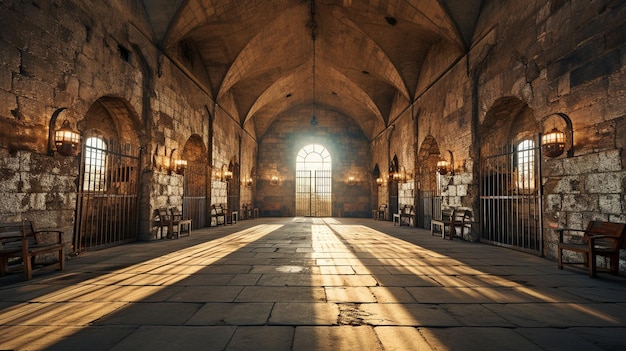 Sunlight coming in through the window of an unoccupied prison cell xA