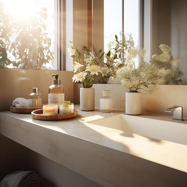 Sunlight on the contemporary bathroom vanity Generative Ai