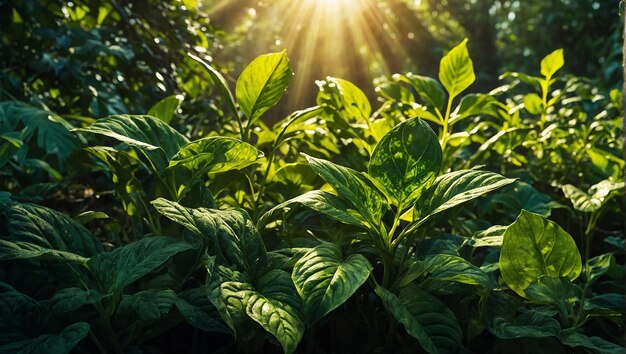 Sunlight dances on intricate textures of green leaves encapsulating essence of natural carbon capt