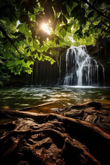 Солнечный свет фильтруется через навес на лесной водопад Генеративный ИИ