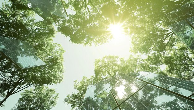 Sunlight filtering through green foliage is reflected in a modern glass building harmony between nature and architecture