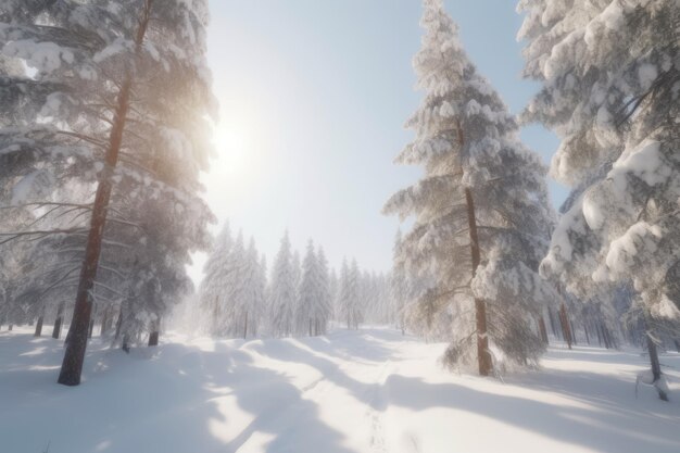 Sunlight filtering through snowcovered trees Generative AI